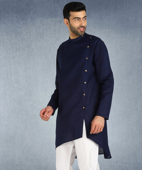 Hangup Men Standard Solid Men's Indian Wear-Navy_Aline_Ruby_Long2Kurta