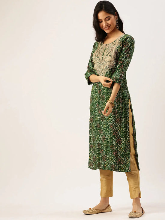 Women's Green Printed Straight Kurtas-AT-A418-K-Green