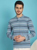 Venitian Men Striped Polo Neck Full Sleeves Blue T-Shirt With Pocket