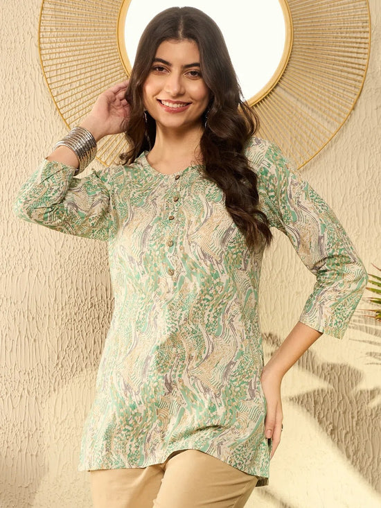 Ahika Women Green Cotton Blend Abstract Printed Regular Tunic-VT1290