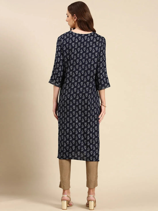 Women's Navy Blue Printed Straight Kurta-HO-1931-Navyblue