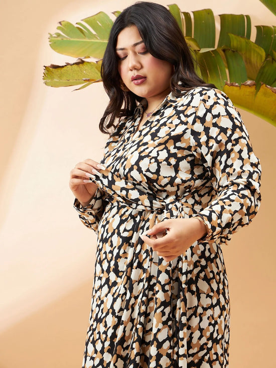 Women Black & Beige Printed Wrap Dress