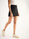 Women Black Denim Front Button A-Line Mini Skirt