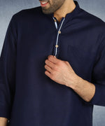 Hangup Men Standard Solid Men's Indian Wear-Navy_Piping_RubyL2Kurta