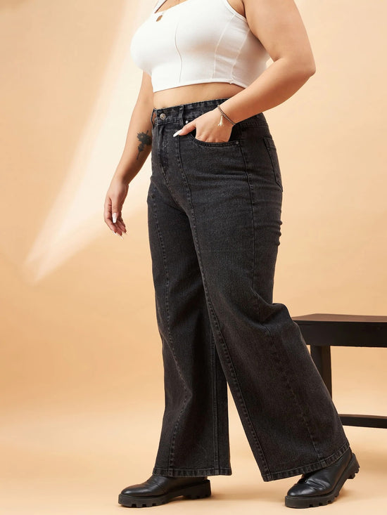 Women Black Acid Wash High Waist Seam Detail Straight Jeans