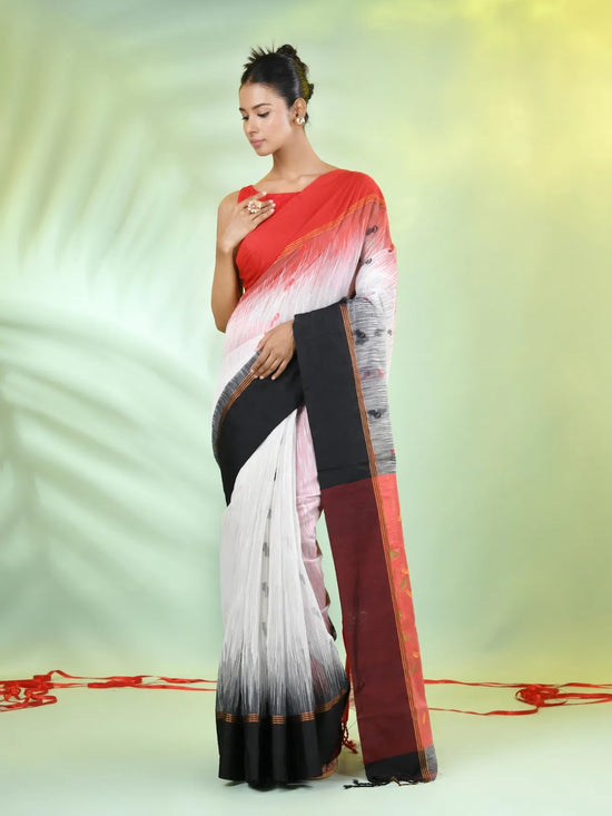 White Cotton Ikat Saree With Ganga Jamuna Border-MA66BCT431380075