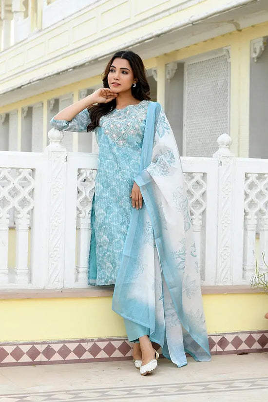 Vaasva Women Blue Tissue Linen Embroidered Solid Kurta Set With Solid Pants & Printed Dupatta-143-Vaas-Blue