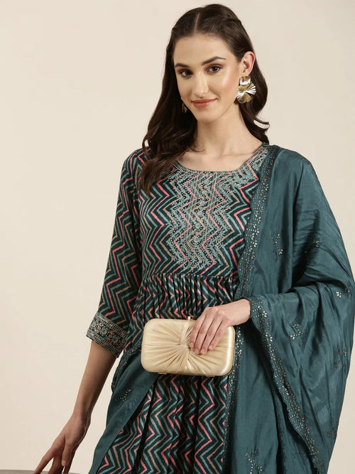 Women Teal Chevron Kurta Set-GW-3742-Teal