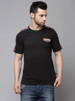 Rigo Black With Printed Contrast Detailing On Sleeve Round Neck Cotton Half Sleeve T-Shirt