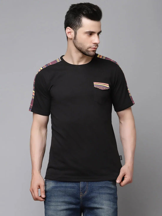 Rigo Black With Printed Contrast Detailing On Sleeve Round Neck Cotton Half Sleeve T-Shirt