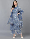 Ahika Women Blue Cotton Printed Straight Kurta Palazzo Set With Dupatta