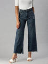 Women's Blue Solid Wide Leg Denim Jeans-GZ-5073C-Blue