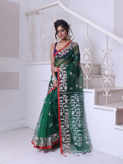 Green Muslin Saree With Jamdani Designs-MA64MS401190016