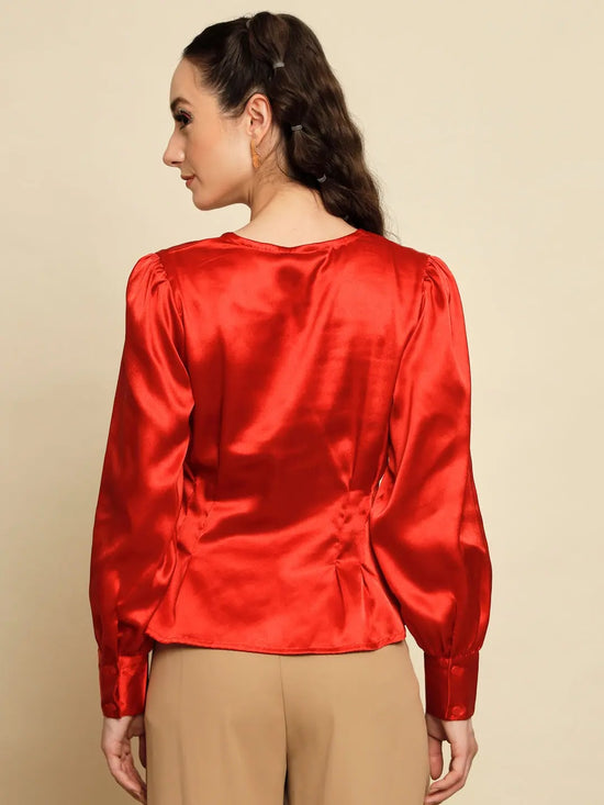 Red Satin Top with Pleat Detail