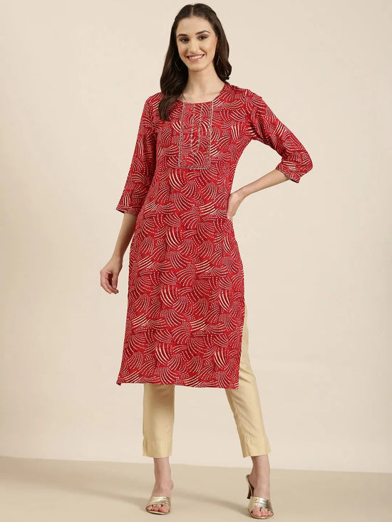 Women Red Printed Straight Kurta-HO-2787-Red