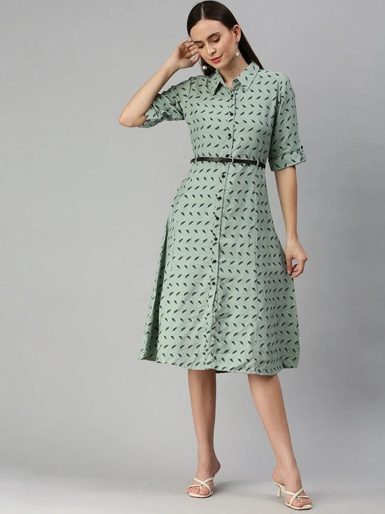 Women's Green Printed Shirt Dress-AE-444954-Greennavyblue