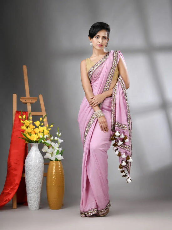 Lilac Mul Cotton Soft Saree With Embroidered Borders-MA62MCT33990003