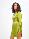 Women Olive Satin Belted Shirt Dress