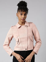 Women Solid Peach Biker Jacket-2058-Peach