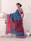 Teal Blue Pure Cotton Ikkat Saree With Texture Border-MA54CT33500066