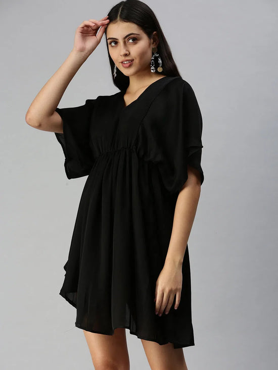 Women Black Solid A-Line Dress-AE-9932-Black