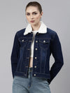 Women Navy Blue Solid Denim Jacket-LT-10538-Navyblue