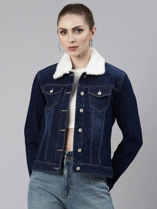 Women Navy Blue Solid Denim Jacket-LT-10538-Navyblue