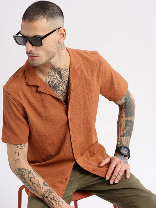 Men Cuban Collar Solid Rust Casual Shirt-FELCO-2206-Rust