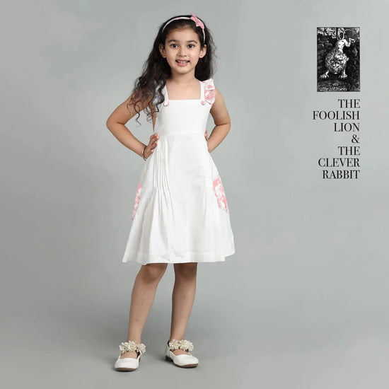 Cotton White Crisscross Back Frock For Girls with The Foolish Lion & The Clever Rabbit Print