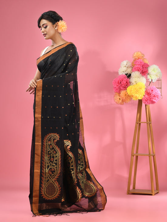 Black Cotton Blend Handwoven Saree With Zari Border-MA51BCT431270026