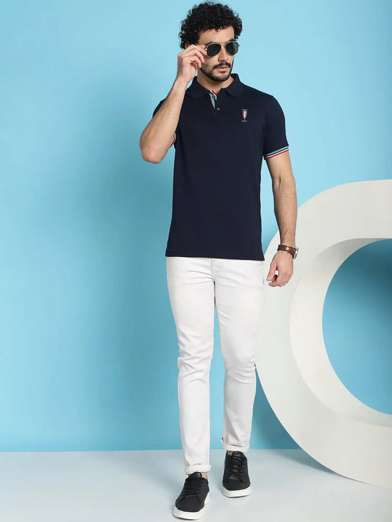 Venitian Men Double Mercerised Solid Polo Neck Navy T-Shirt for Men