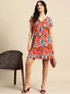 Overlap printed kimono sleeve short dress in Red Ikkat Print