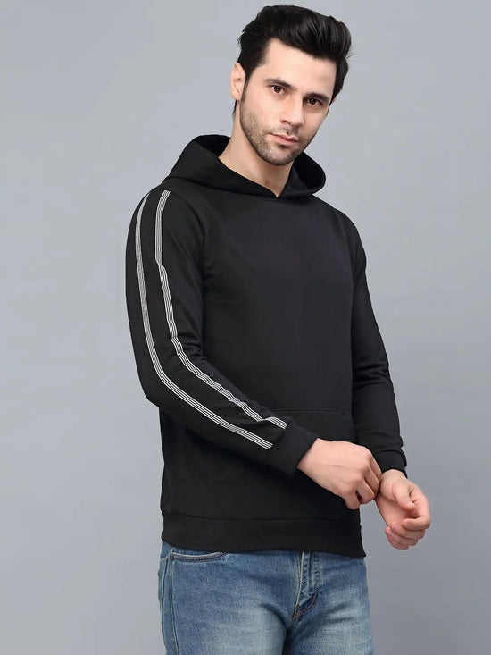 Rigo Black Fleece With Stripe Tape Patch On Sleeve Hooded Sweatshirt-Full