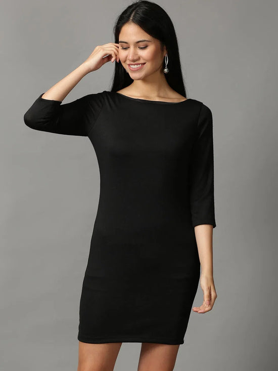 Women's Black Solid Bodycon Dress-DQ-16-663-3-Black