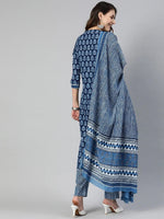 Ahika Women Blue Cotton Printed Straight Kurta Pyjamas Set