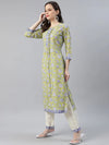 Ahika Women Lime Green Cotton Printed Straight Kurta Pant Set With Dupatta