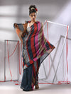 Dark Grey Cotton Saree With Multicolor Stripes-MA55CT06560021