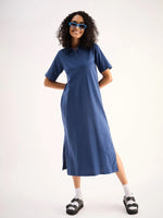 Women Navy Oversized Collar T-Shirt Dress