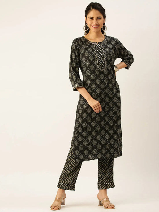 Women's Black Printed Kurta Sets-ON-1115-Black