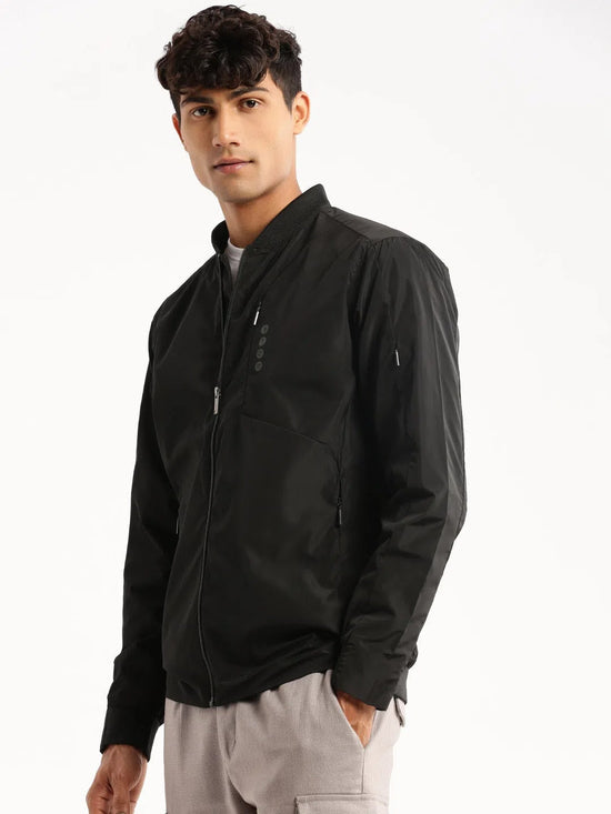 Men Black Mandarin Collar Solid Bomber-STCW-J-8-Black