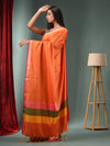 Orange Blended Silk Handwoven Saree With Temple Zari Border-MA50BSL01660148