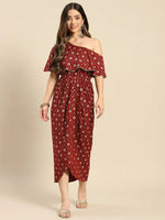 One Shoulder yoke overlap printed dress in Maroon