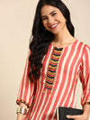 Women's Coral Striped Straight Kurta-GW-198-Coral