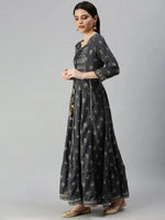 Women's Grey Printed Anarkali Kurta-RZ88-Grey