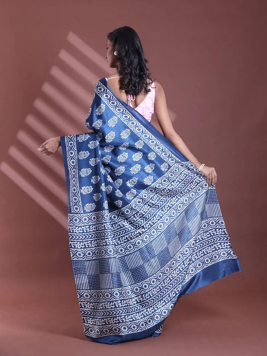 Blue Silk Soft Saree With Paisley Print-MA60BSL01400045