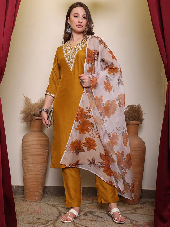 Avanshee Women's Latest Solid Embroidred Silk Blend Kurta, Pant With Dupatta Set-ES-7528