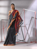 Grey Cotton Saree With Stripes Zari Pallu-MA55CT06520098