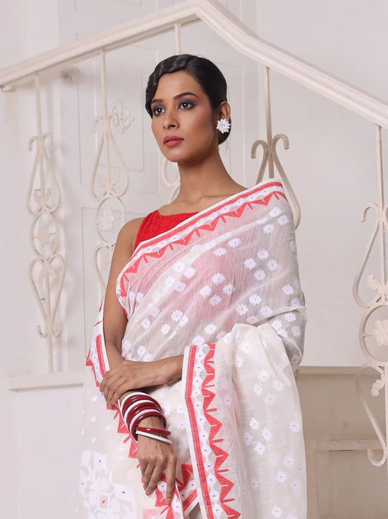 Off White Cotton Handwoven Jamdani Saree-MA64JM401380033