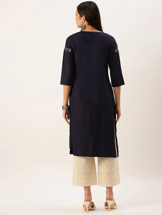 Women's Blue Solid Straight Kurta-DF-1203-Navyblue