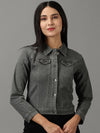 Women's Grey Solid Denim Jacket-AE-9512-2-Grey